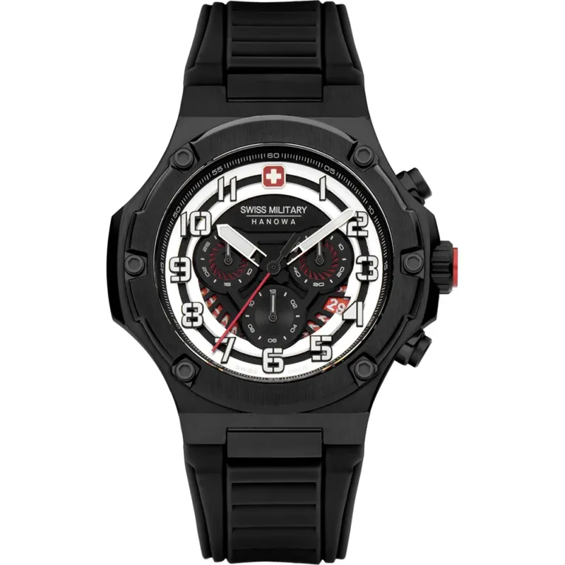 Swiss Military Hanowa Herrenuhr Air Mission X4 mit schwarzem Zifferblatt, roten Akzenten und Kautschukarmband