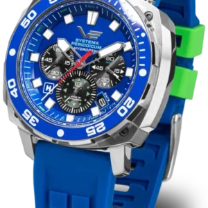 Vostok Europe Herrenuhr mit blauem Silikonarmband, blauem Zifferblatt, silberner Lünette.