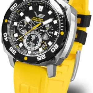 Herrenuhr mit schwarzem Zifferblatt und gelbem Silikonarmband, Chronographen-Optik