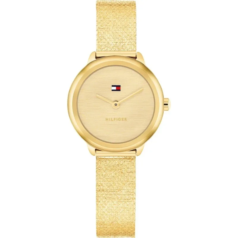 Tommy Hilfiger Damenuhr mit goldfarbenem Zifferblatt, Gehäuse und Metallband