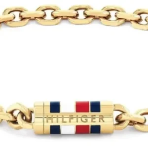 Goldfarbenes Kettengliederarmband aus Edelstahl mit Logo-Plakette