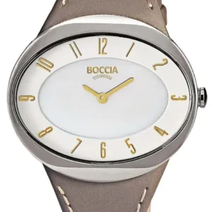 Boccia Damenuhr mit braunem Lederarmband, silbernem Gehäuse und weißem Zifferblatt