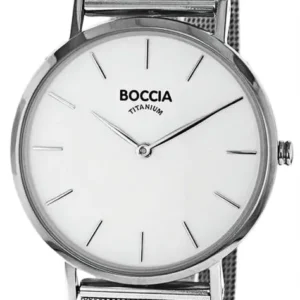 Boccia Herrenuhr mit rundem silbernem Mesh-Armband und weißem Zifferblatt