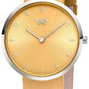 Damenarmbanduhr BOCCIA mit goldfarbenem Zifferblatt, römischen Ziffern und beigem Lederband
