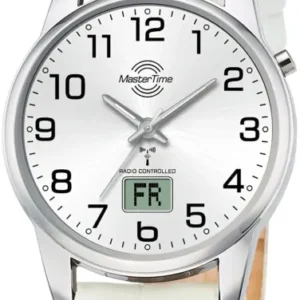 MasterTime Damenuhr mit weißem Lederarmband, analogem Zifferblatt und Datumsanzeige FR