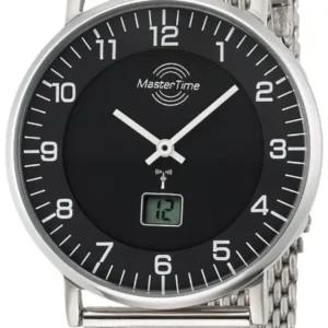 Herrenarmbanduhr MasterTime mit silbernem Meshband und schwarzem Zifferblatt, Analog + Display