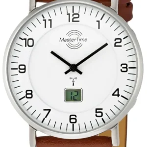 Herrenuhr mit braunem Lederarmband, rundem silbernem Gehäuse und weißem Zifferblatt.