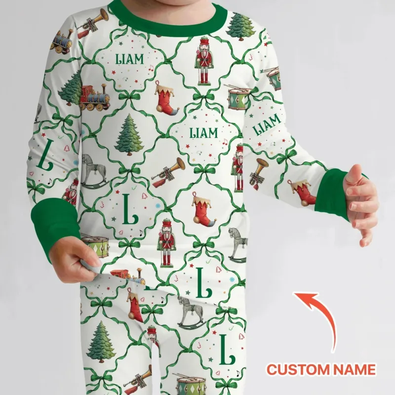 Vintage Christmas Toy Custom Name Boy Two Piece Long Sleeve Pajama Set , Vintage Christmas Toy Custom Name Boy Two Piece Long Sleeve Pajama Set - 12-18M