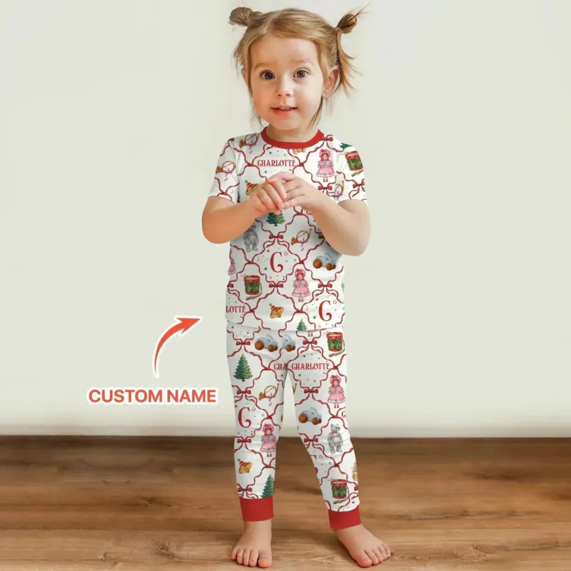 Vintage Christmas Toy Custom Name Girl Two Piece Short Sleeve Pajama Set , Vintage Christmas Toy Custom Name Girl Two Piece Short Sleeve Pajama Set - 12-18M