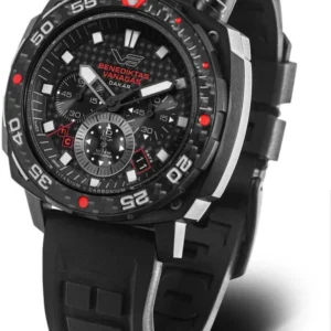 Herrenarmbanduhr: schwarzes Zifferblatt, Chronograph, rote Akzente, schwarzes Kautschukband