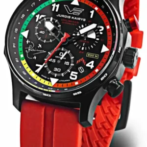 Herrenuhr mit rotem Textilarmband, schwarzem Zifferblatt mit Leuchtanzeigen und Chrono-Optik