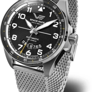 Herrenuhr mit schwarzem Zifferblatt und silbernem Edelstahl-Meshband, runde Lünetten